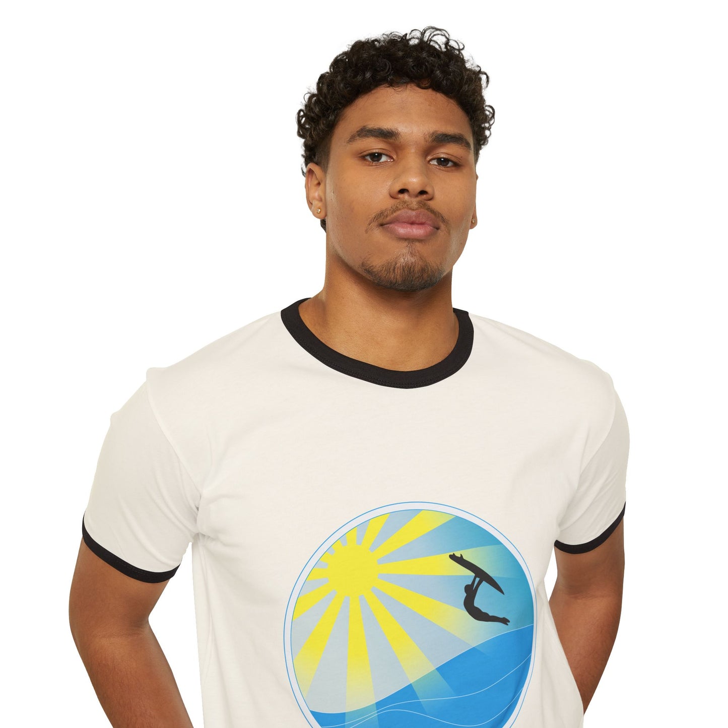 Surf Circle Ringer T-Shirt – Sunny Wave & Surfer Graphic