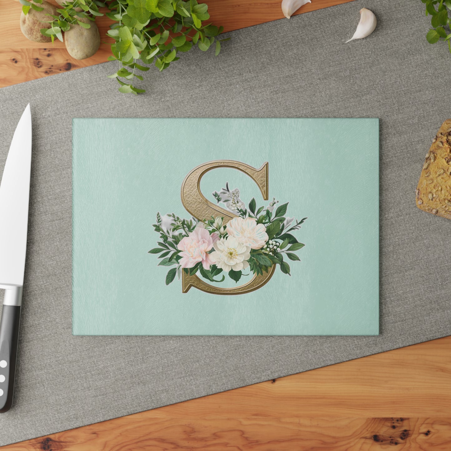 Personalized Floral Glass Cutting Board - Letter S