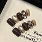 365nails: "Chocolate Starlight" – Hand-Painted Plaid & Starburst Handmade Short Square Nails – Image 5