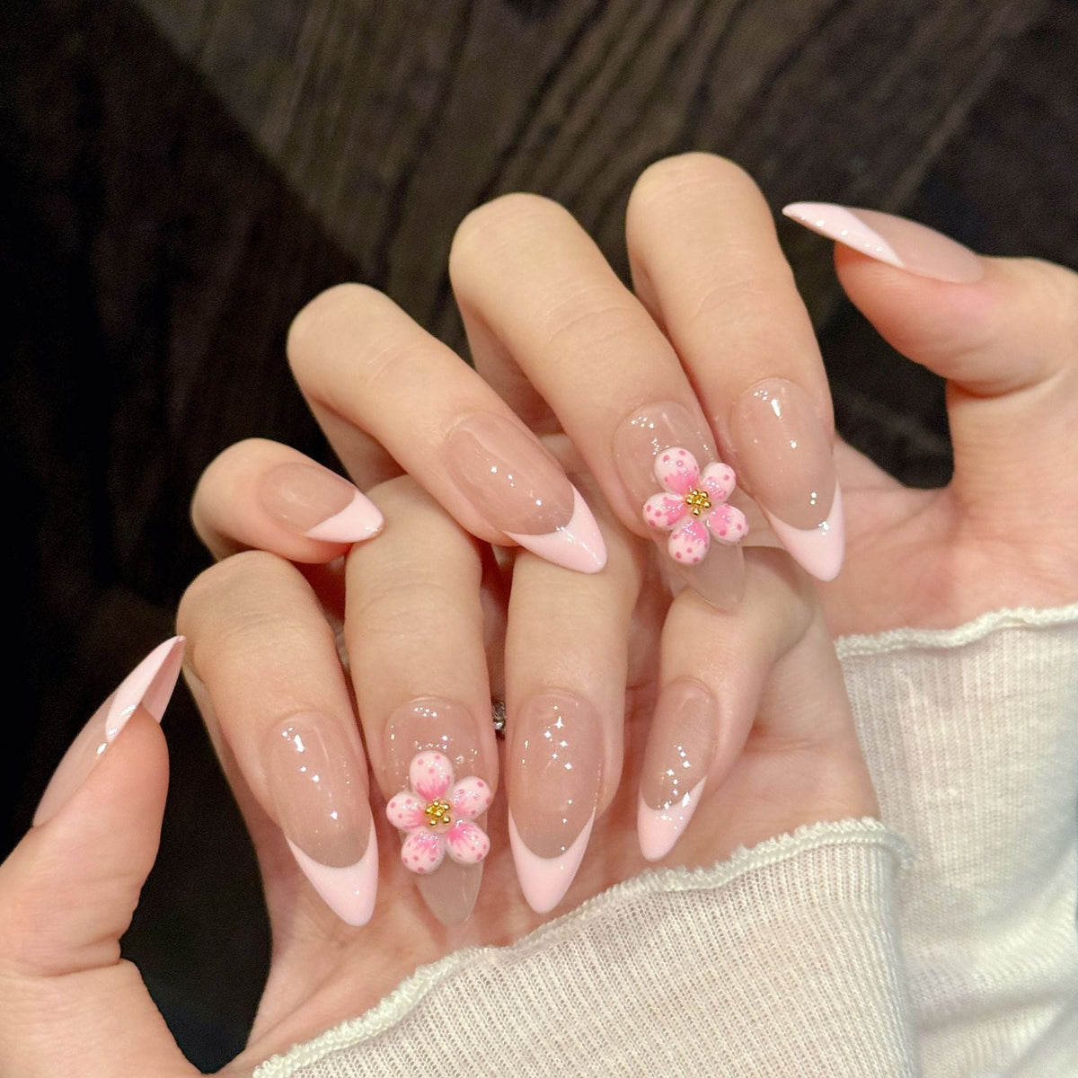 365nails: "Sakura Blush" – 3D Floral French Tip Handmade Almond Nails – Image 2