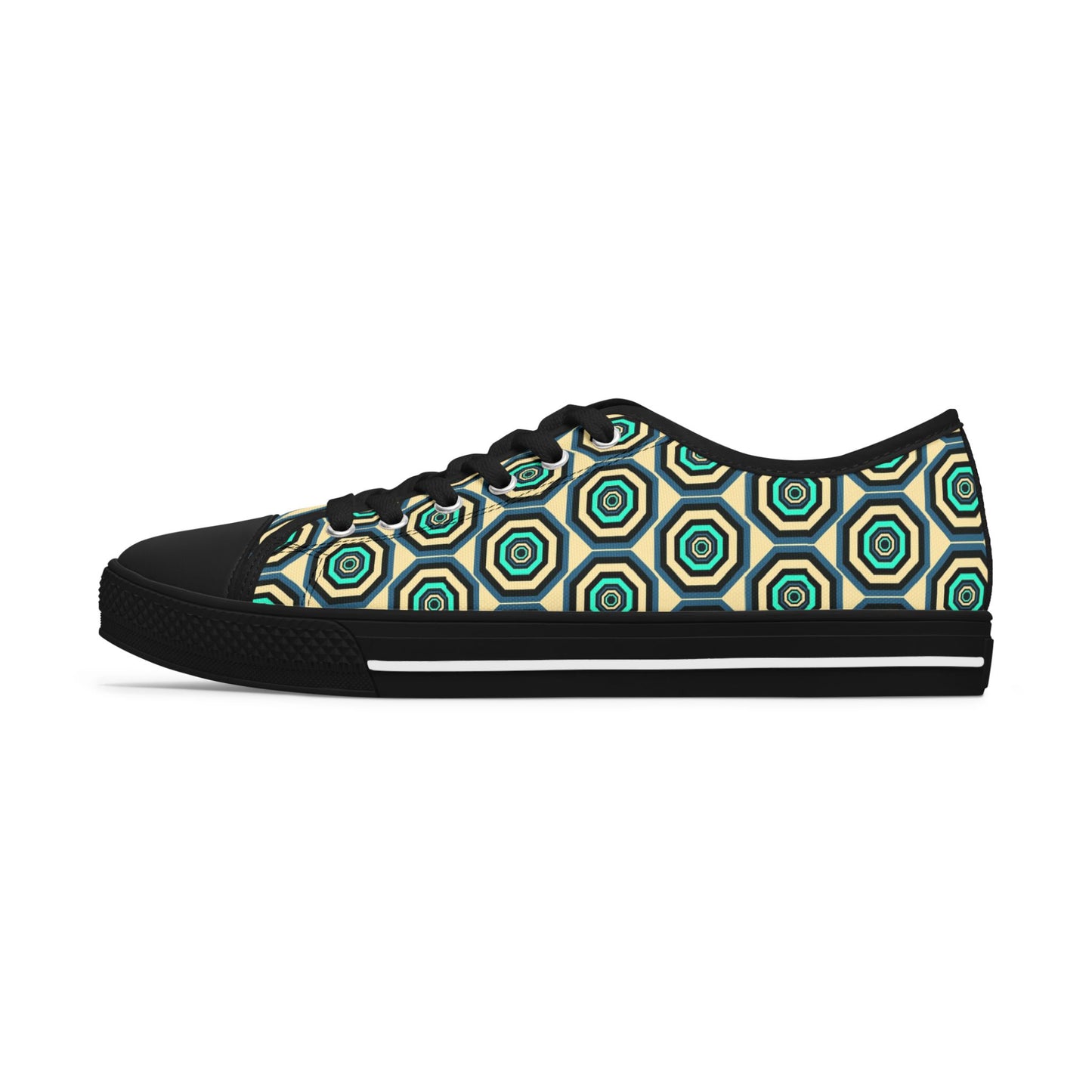 Geometric Retro Hexagon Women's Low Top Sneakers — Green Teal Patterned Canvas Shoes