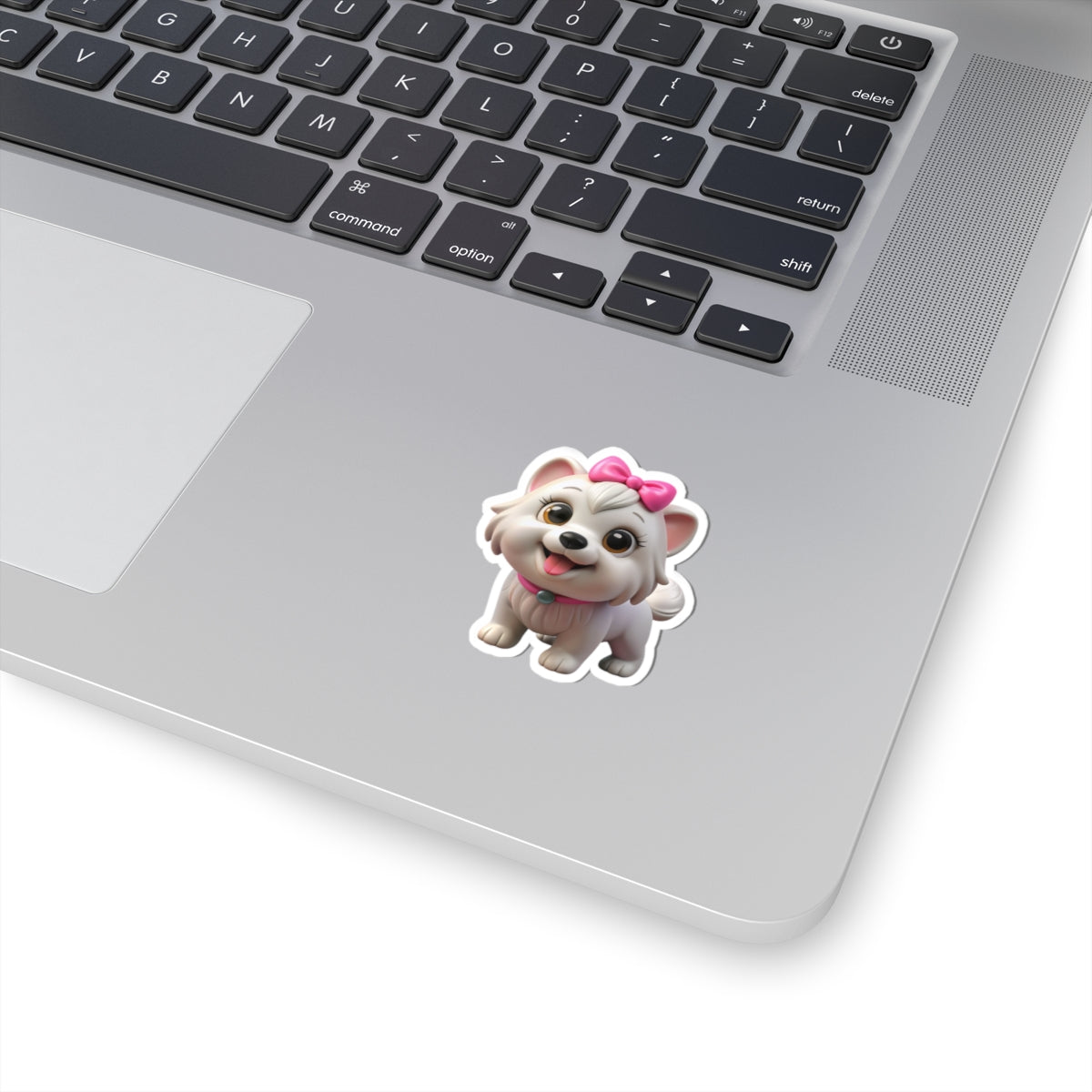 Cute White Puppy Kiss-Cut Sticker — Adorable Bow-Wearing Dog Laptop Decal