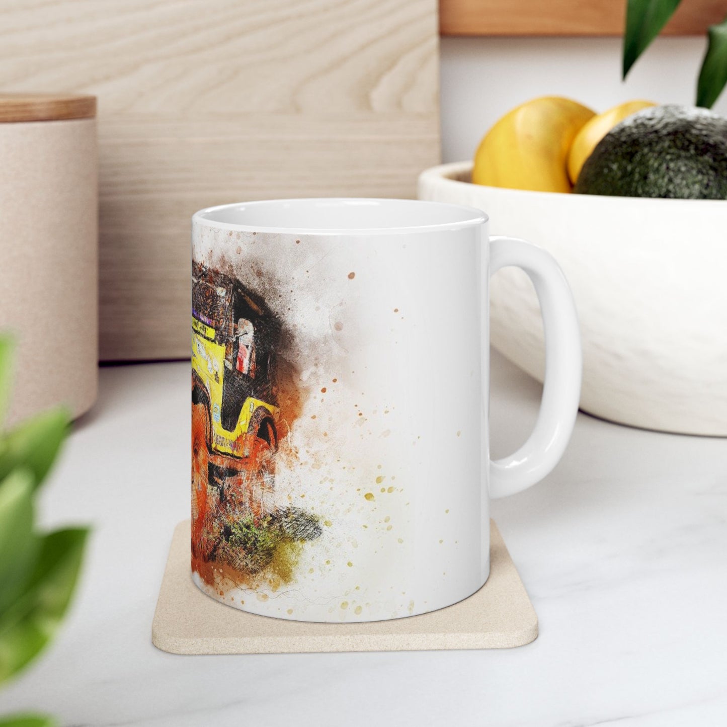Vintage Jeep Art Ceramic Mug — Rustic Yellow Off-Road Truck Coffee Cup (11oz, 15oz)
