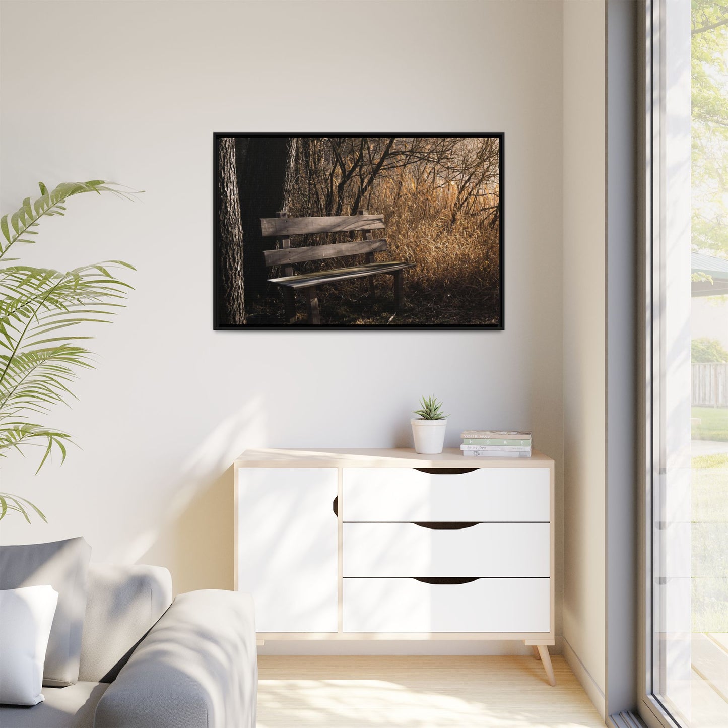 Framed Matte Canvas Print — Autumn Park Bench Photography
