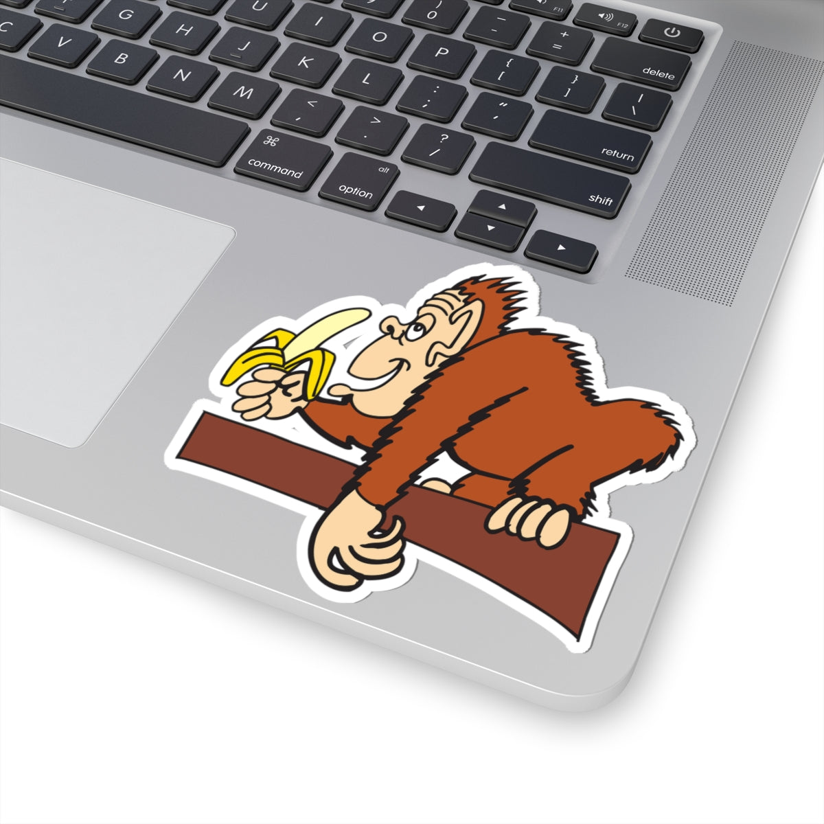 Funny Banana-Eating Ape Kiss-Cut Sticker — Cute Cartoon Monkey Vinyl Decal