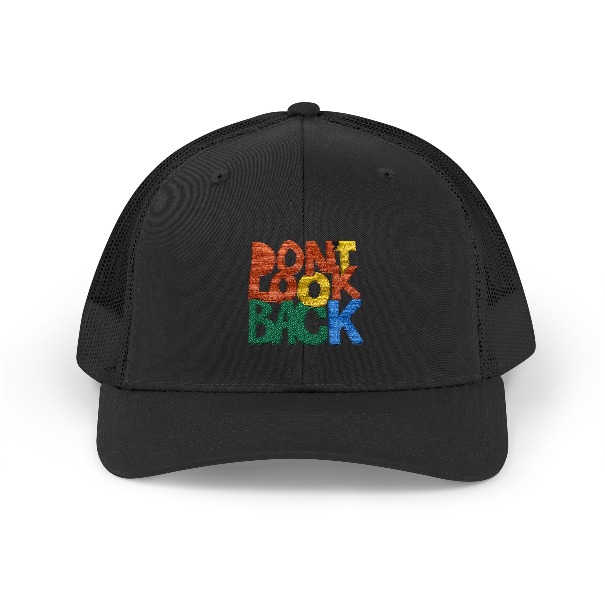 Don’t Look Back Snapback Trucker Cap — Retro Rainbow Embroidered Hat