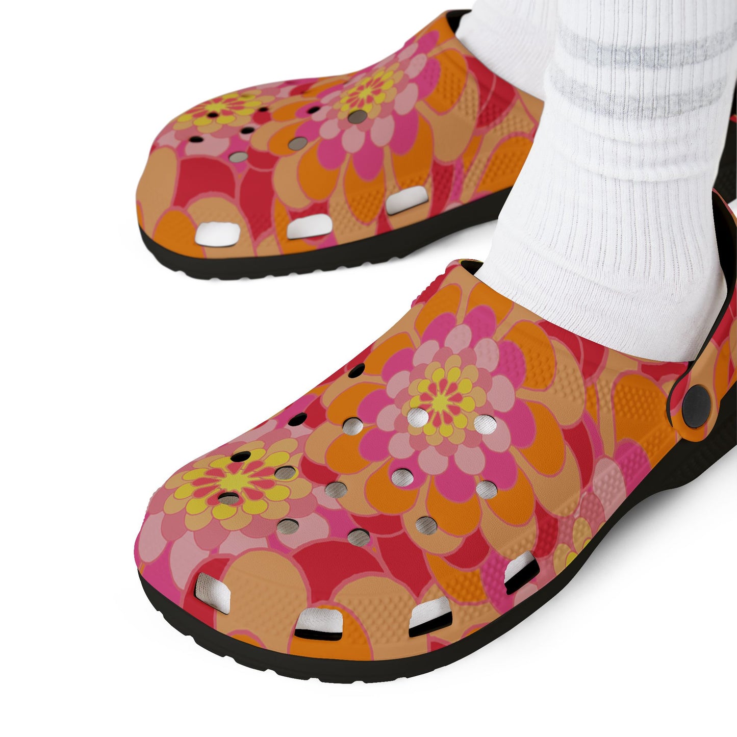 Floral Retro Foam Clogs — Pink Orange Psychedelic Garden Slip-Ons