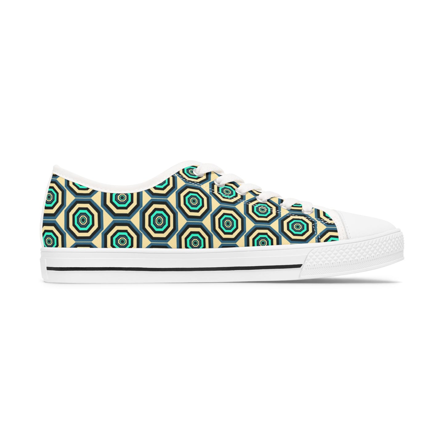 Geometric Retro Hexagon Women's Low Top Sneakers — Green Teal Patterned Canvas Shoes