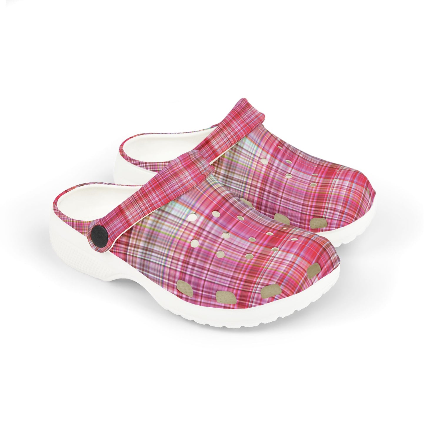 Kids Pink Plaid EVA Foam Clogs — Lightweight Slip-On Garden Shoes