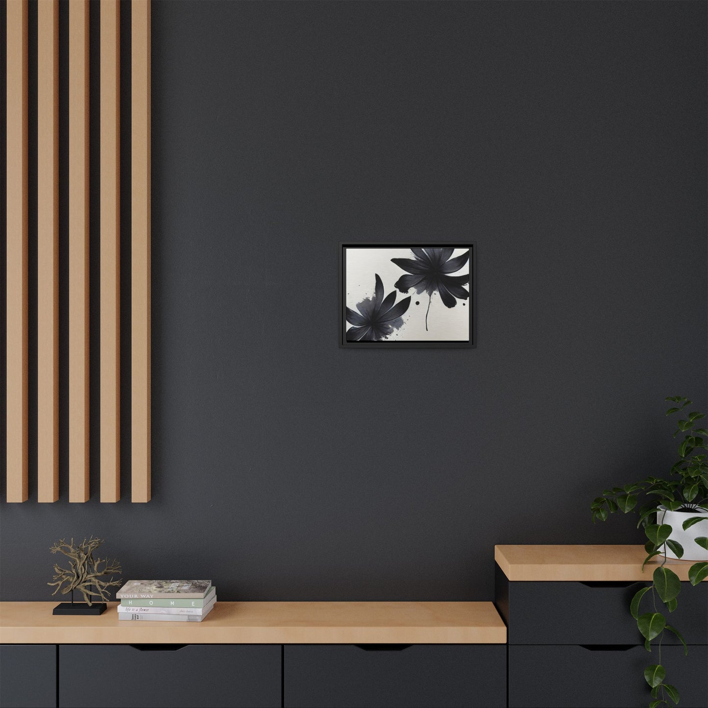 Framed Black Floral Matte Canvas Wall Art — Monochrome Botanical Print