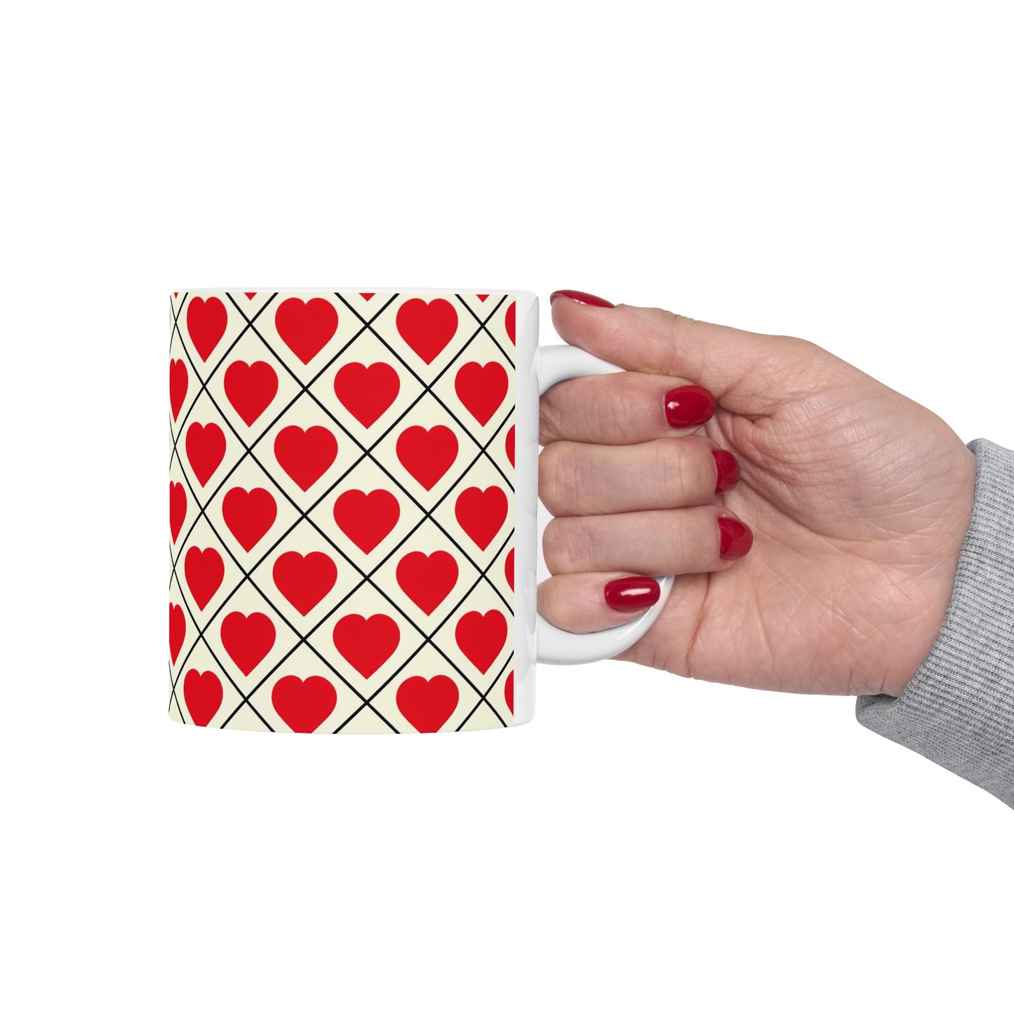 Heart Pattern Ceramic Mug – Red Hearts Grid Coffee Cup (11oz, 15oz)