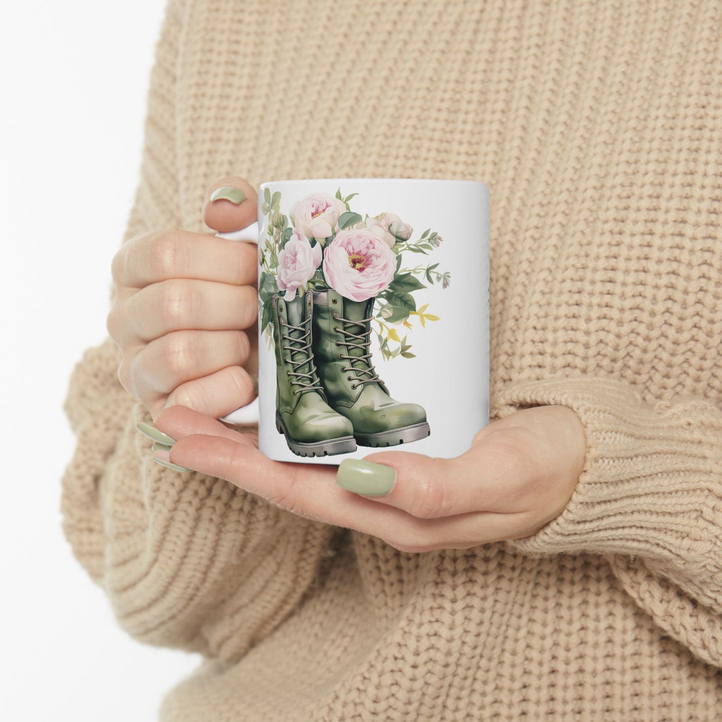 Floral Combat Boot Mug — Military Green Boot with Pink Roses Ceramic Coffee Cup (11oz & 15oz)