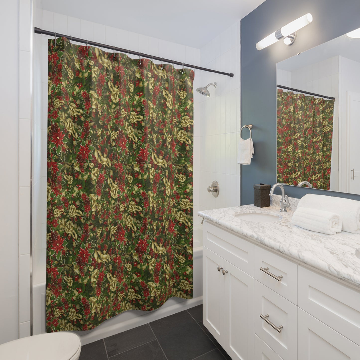 Festive Floral Shower Curtain, Holiday Decor, Bathroom Makeover, Home Gift, Christmas Decoration