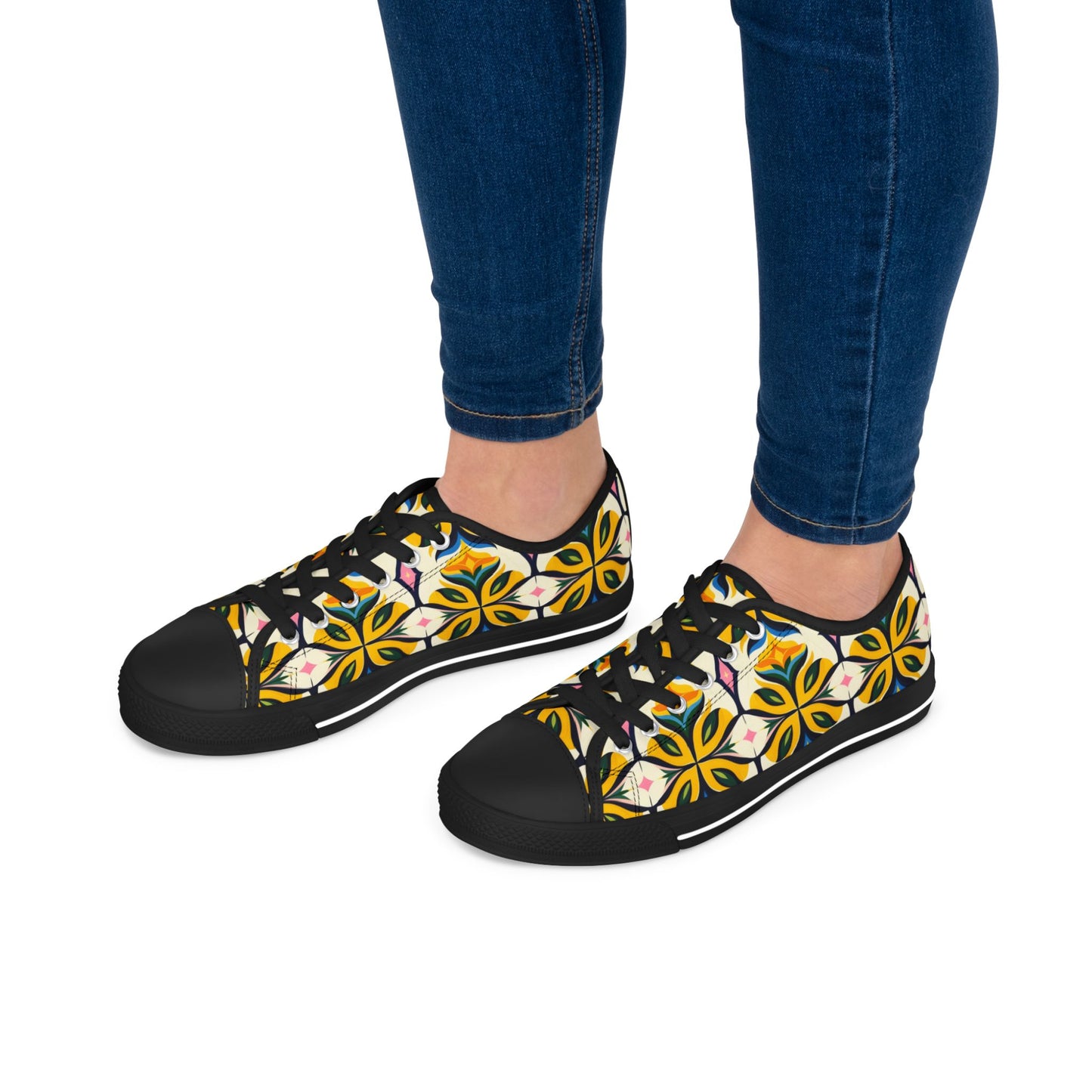 Floral Geometric Low Top Sneakers — Yellow Retro Tile Pattern