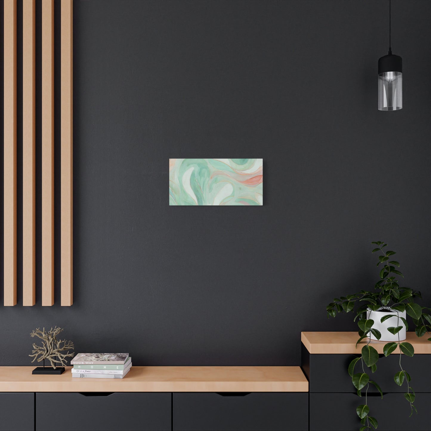 Abstract Green Marble Canvas Print — Teal & Coral Swirl Wall Art