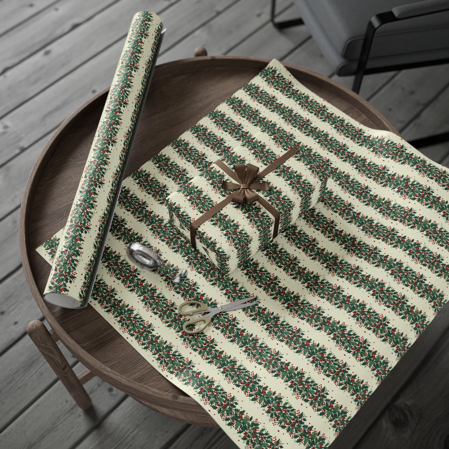 Wrapping Paper Roll — Festive Green Wreath & Red Berry Holiday Wrap