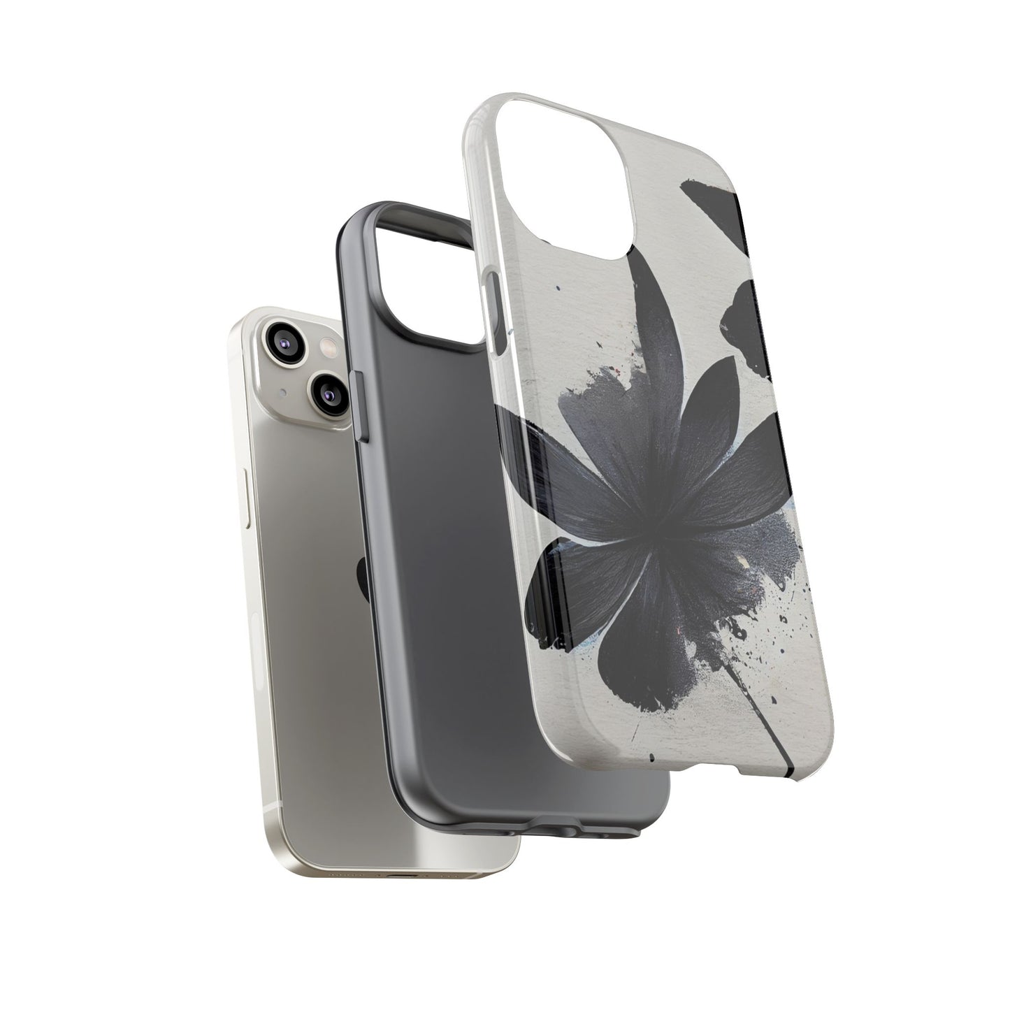 Monochrome Floral Tough Phone Case — Black Ink Flower Protective Cover
