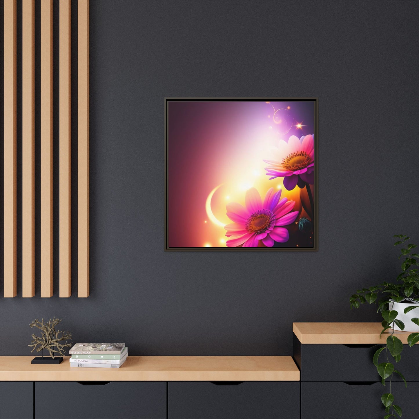 Framed Floral Canvas Art — Pink Daisies Sunset Wall Print