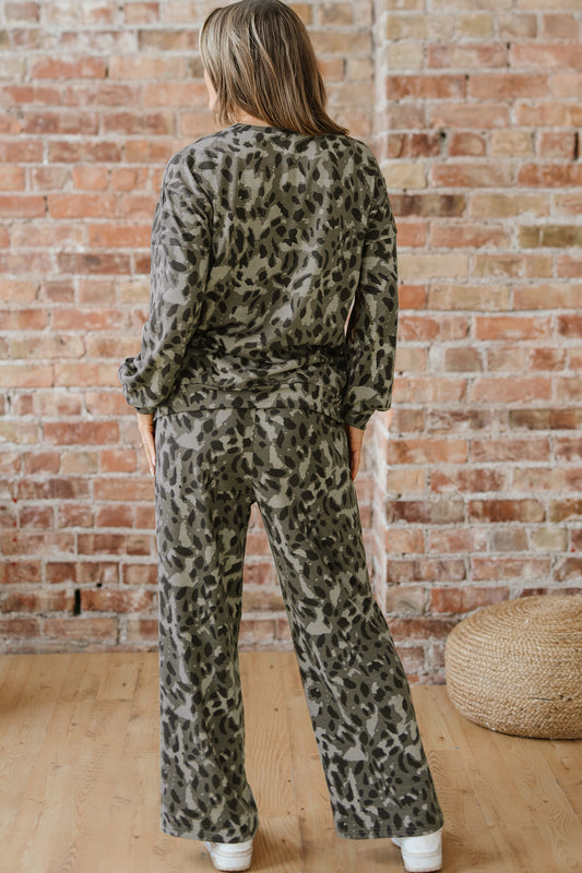 Gray Leopard Print Raw Seam Patchwork Pullover Drawstring Loose Pant Set