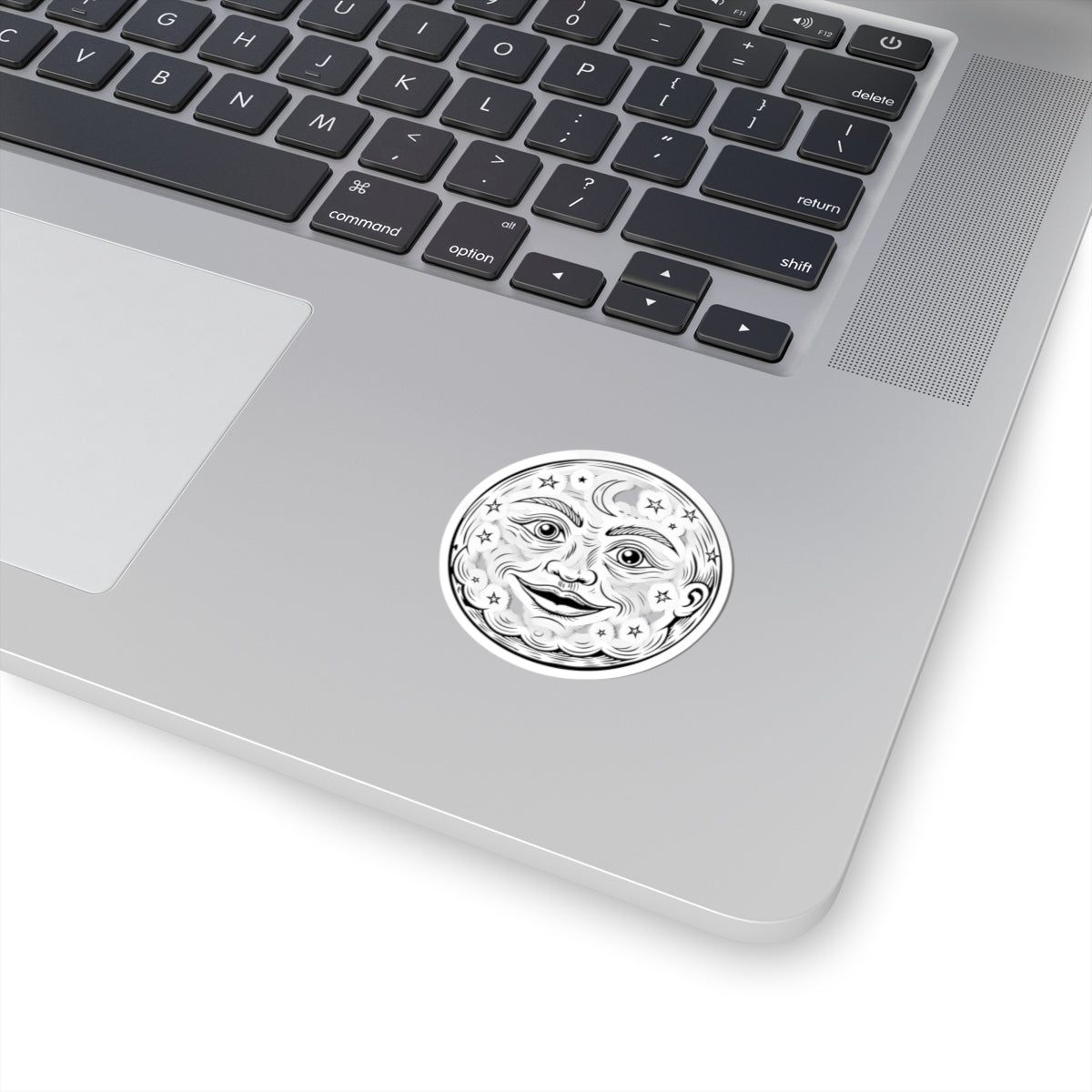 Vintage Moon Face Kiss-Cut Sticker — Celestial Stars & Crescent Design