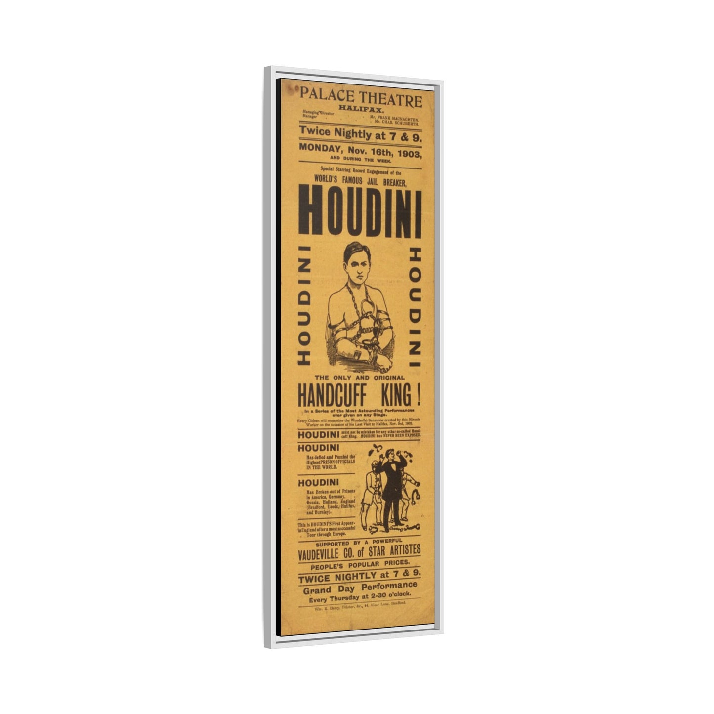 Houdini Vintage Poster Matte Canvas Print (Framed)