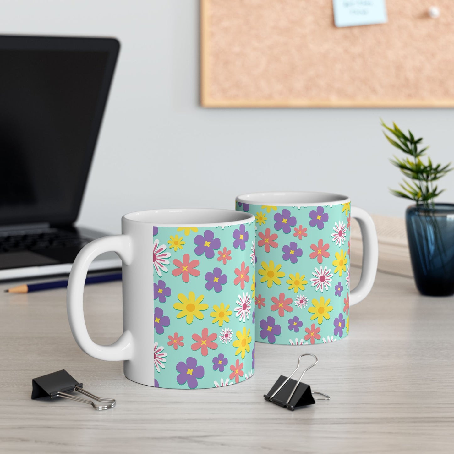 Turquoise Floral Pattern Mug — Colorful Daisy Coffee Cup (11oz & 15oz)