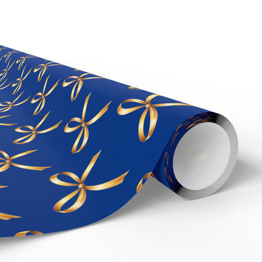 Wrapping Paper — Blue Gift Wrap with Gold Ribbon Pattern