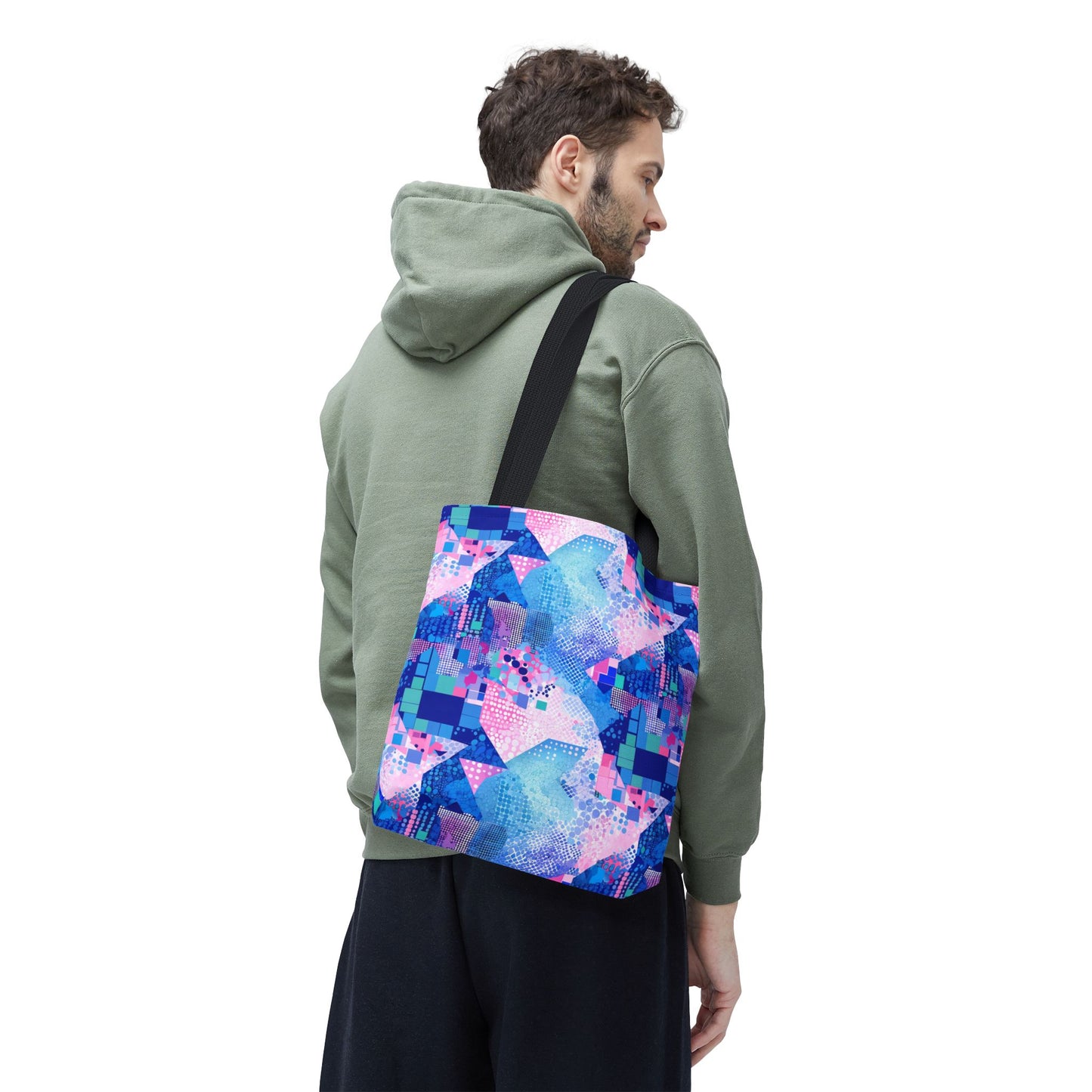 Abstract Blue Pink Geometric Tote Bag — Colorful Patterned All-Over Print Tote