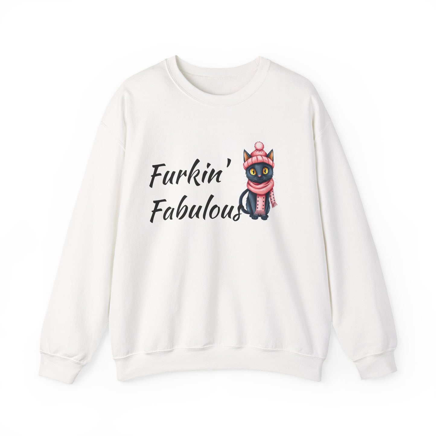Crewneck Sweatshirt — "Furkin' Fabulous" Cute Black Cat in Pink Hat & Scarf