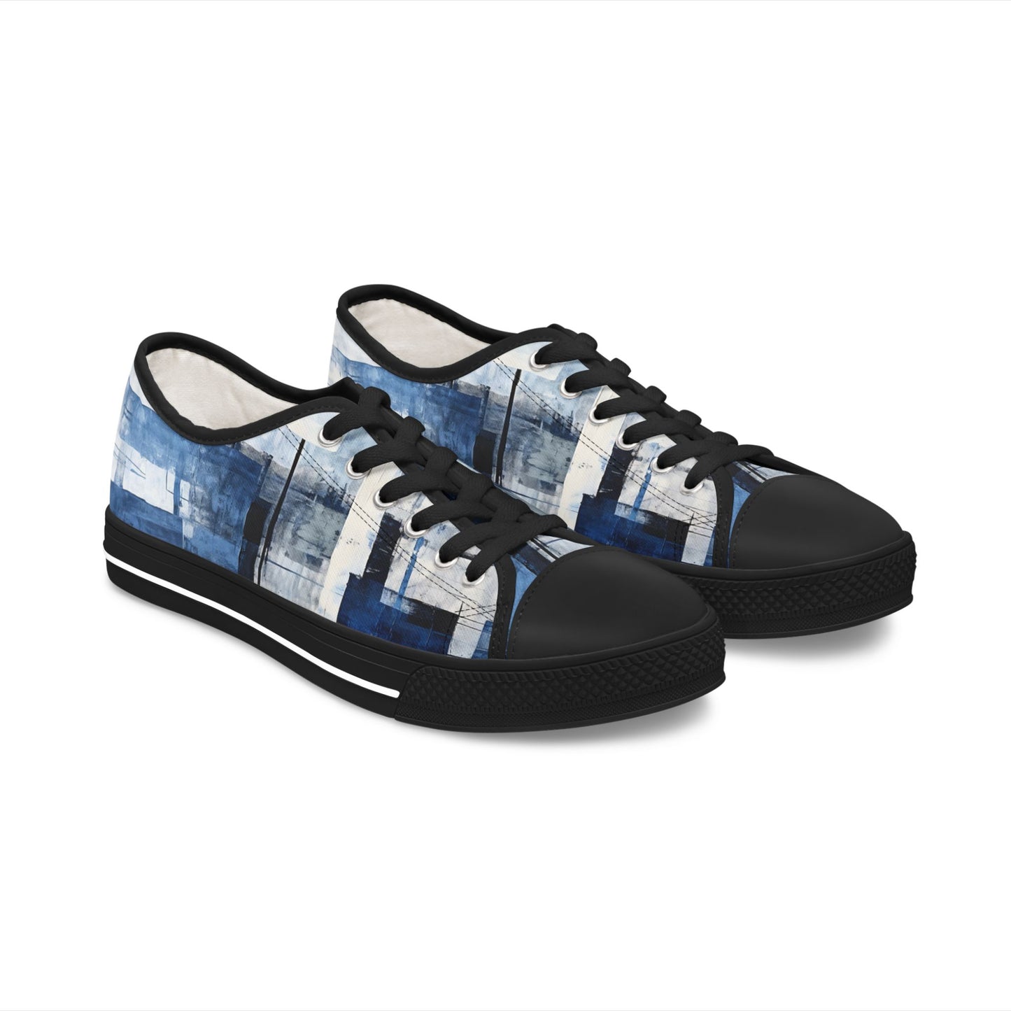 Abstract Blue Grid Low Top Sneakers — Casual Canvas Shoes