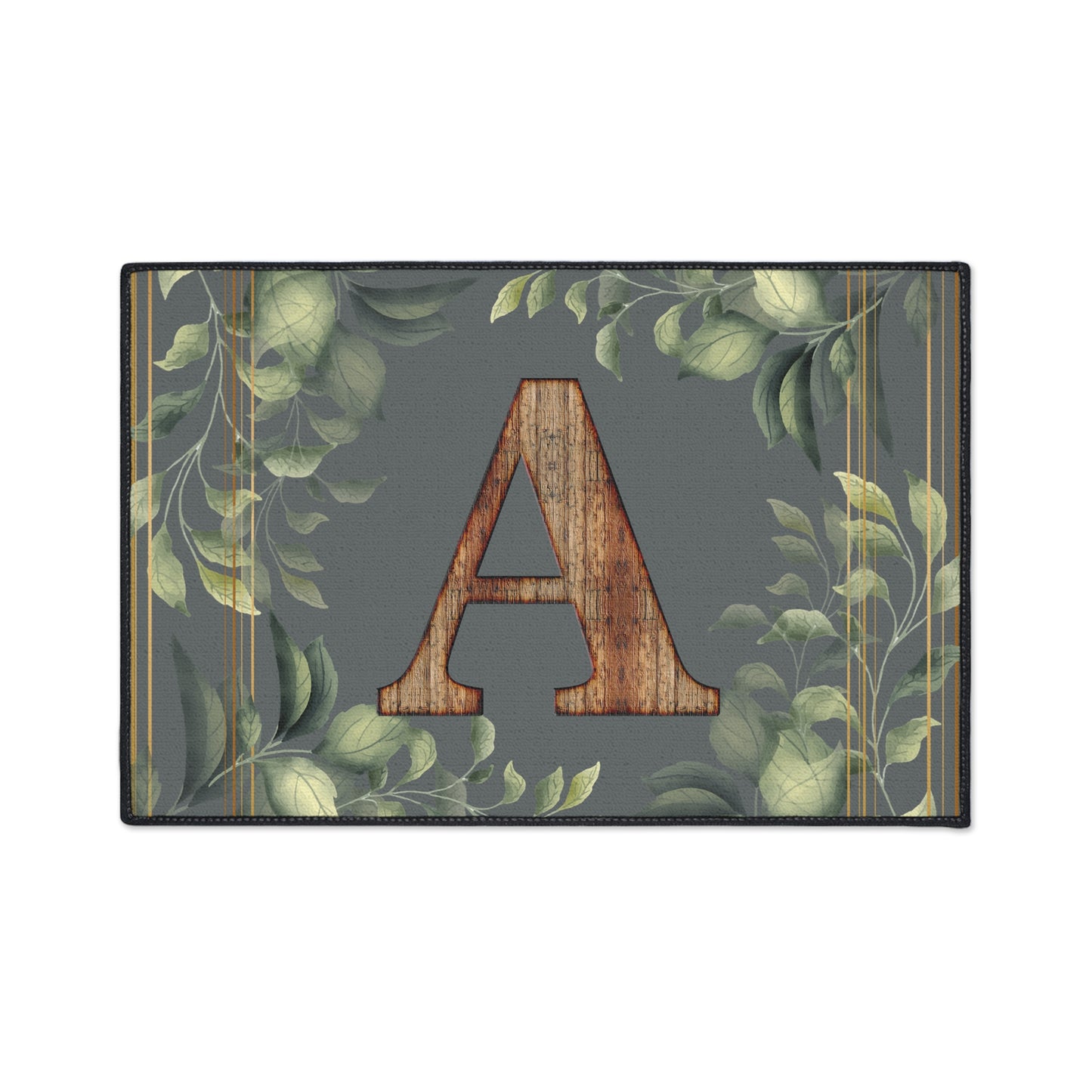 Personalized Monogram Floor Mat - Rustic Wood 'A' with Greenery Welcome Rug - Letter A