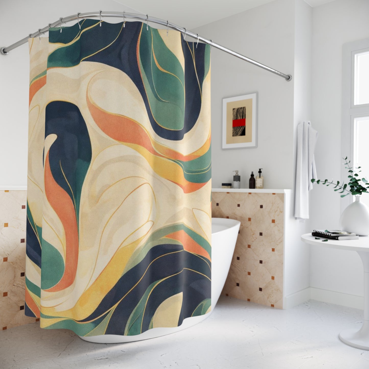 Shower Curtain — Retro Abstract Swirl Bathroom Curtain, Mid-Century Wave Pattern in Teal, Navy & Mustard