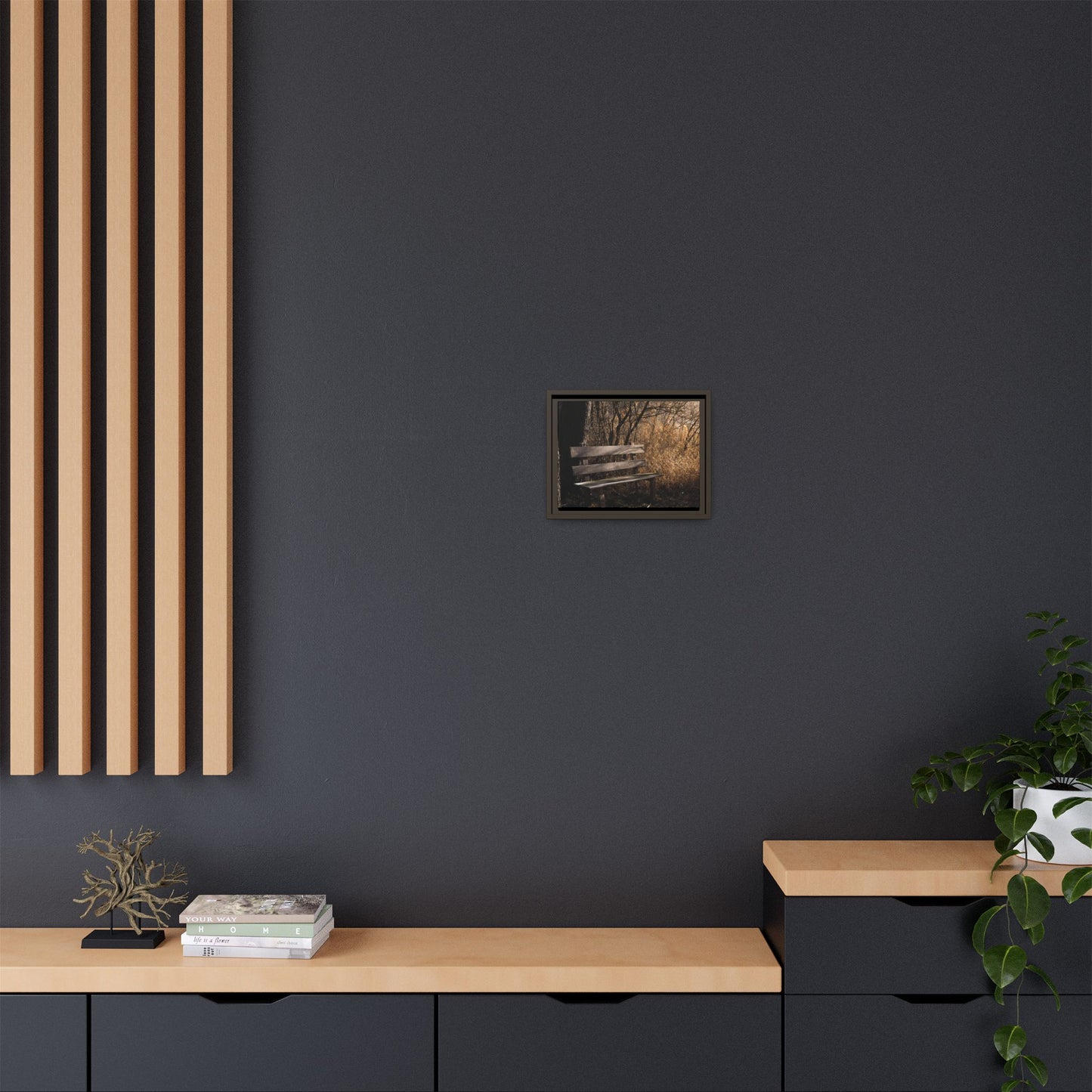 Framed Matte Canvas Print — Autumn Park Bench Photography