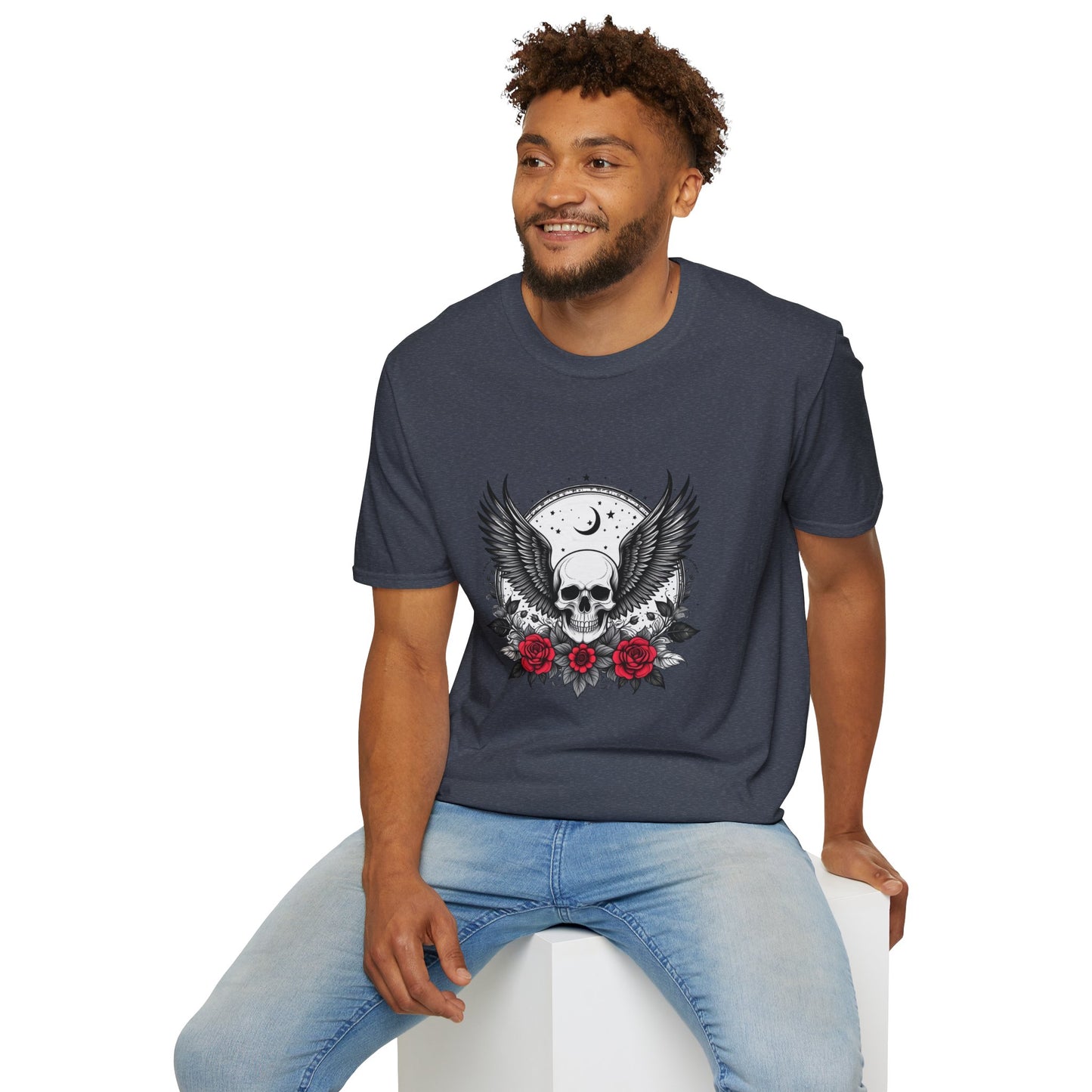 Skull Wings T‑Shirt – Crescent Moon & Red Roses Gothic Graphic Tee