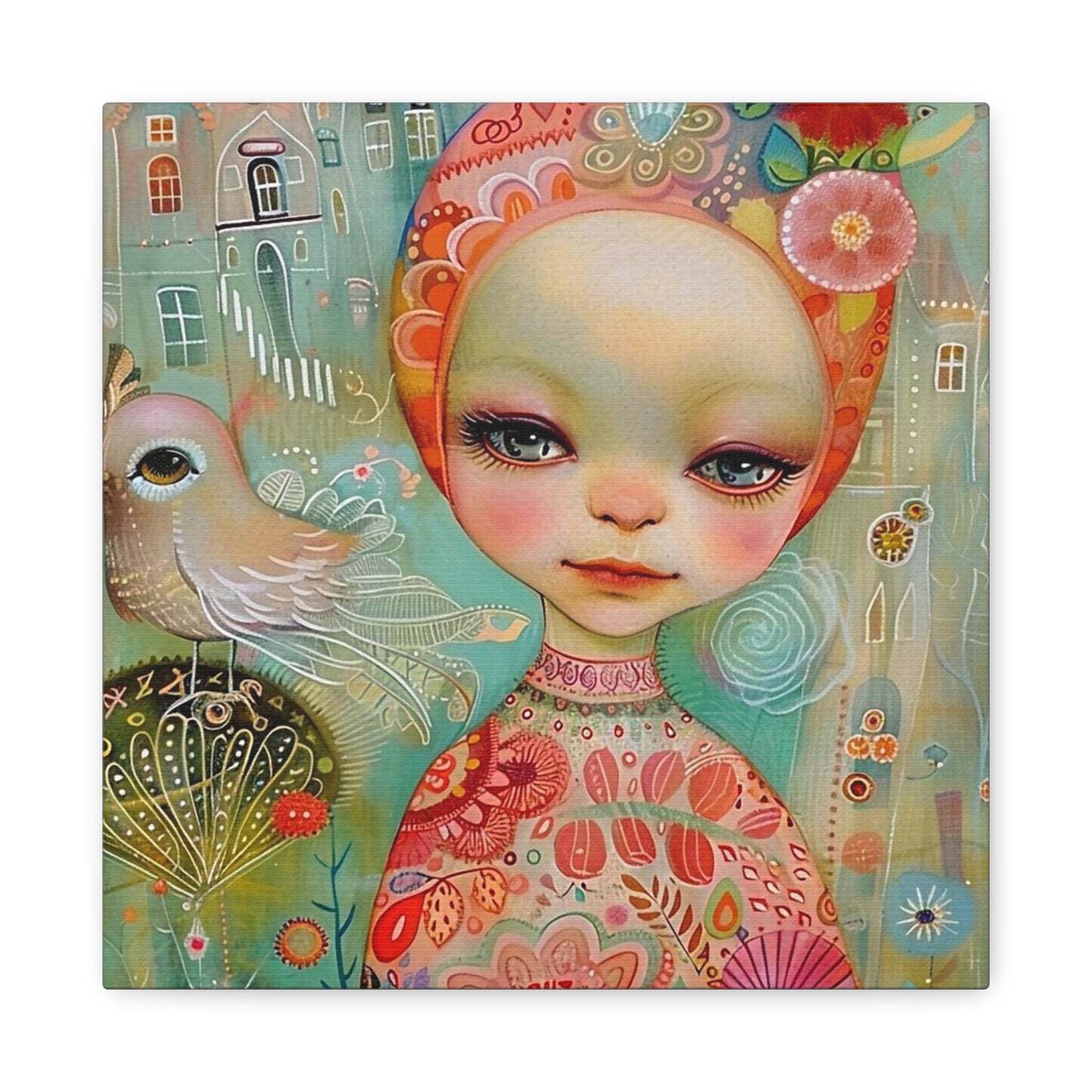 Whimsical Girl & Bird Matte Canvas Wall Art — Stretched Decorative Painting