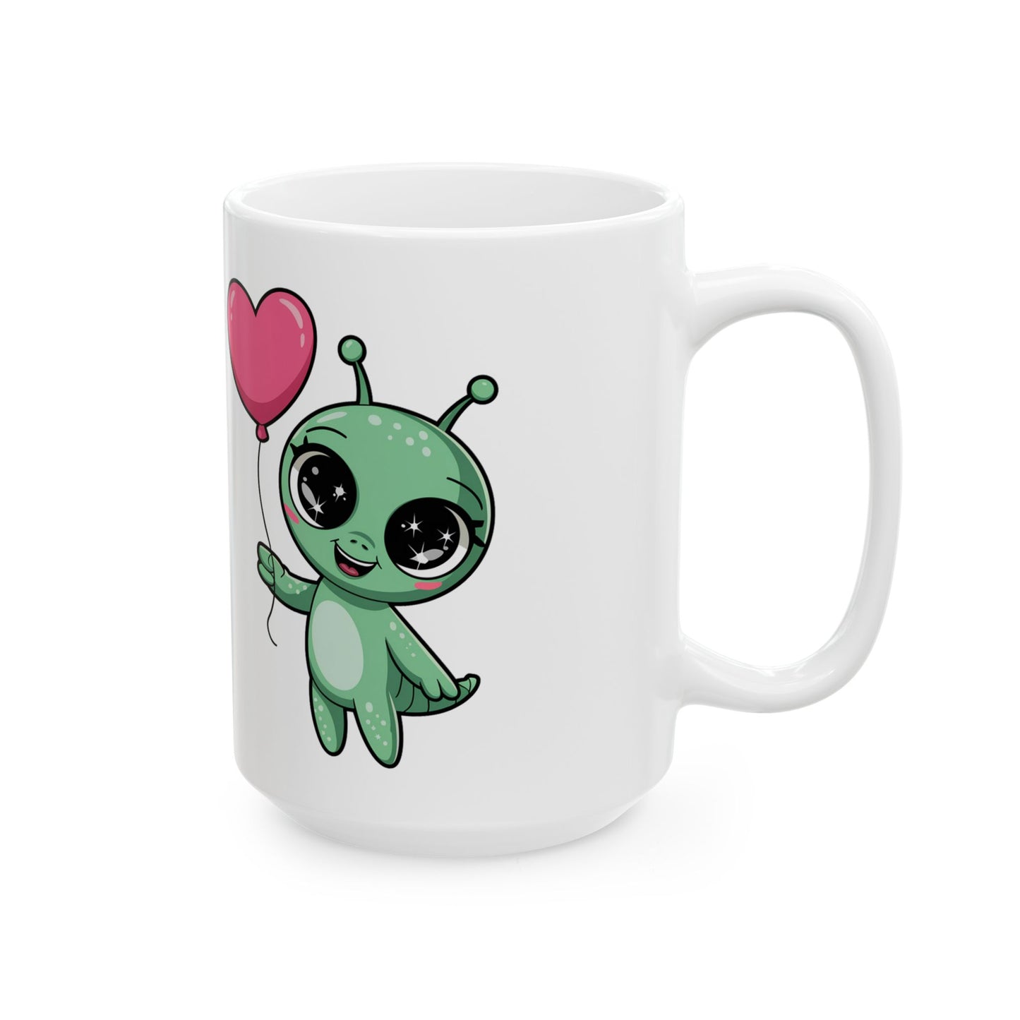 Cute Alien Holding Heart Balloon Ceramic Mug — 11oz & 15oz Gift Mug