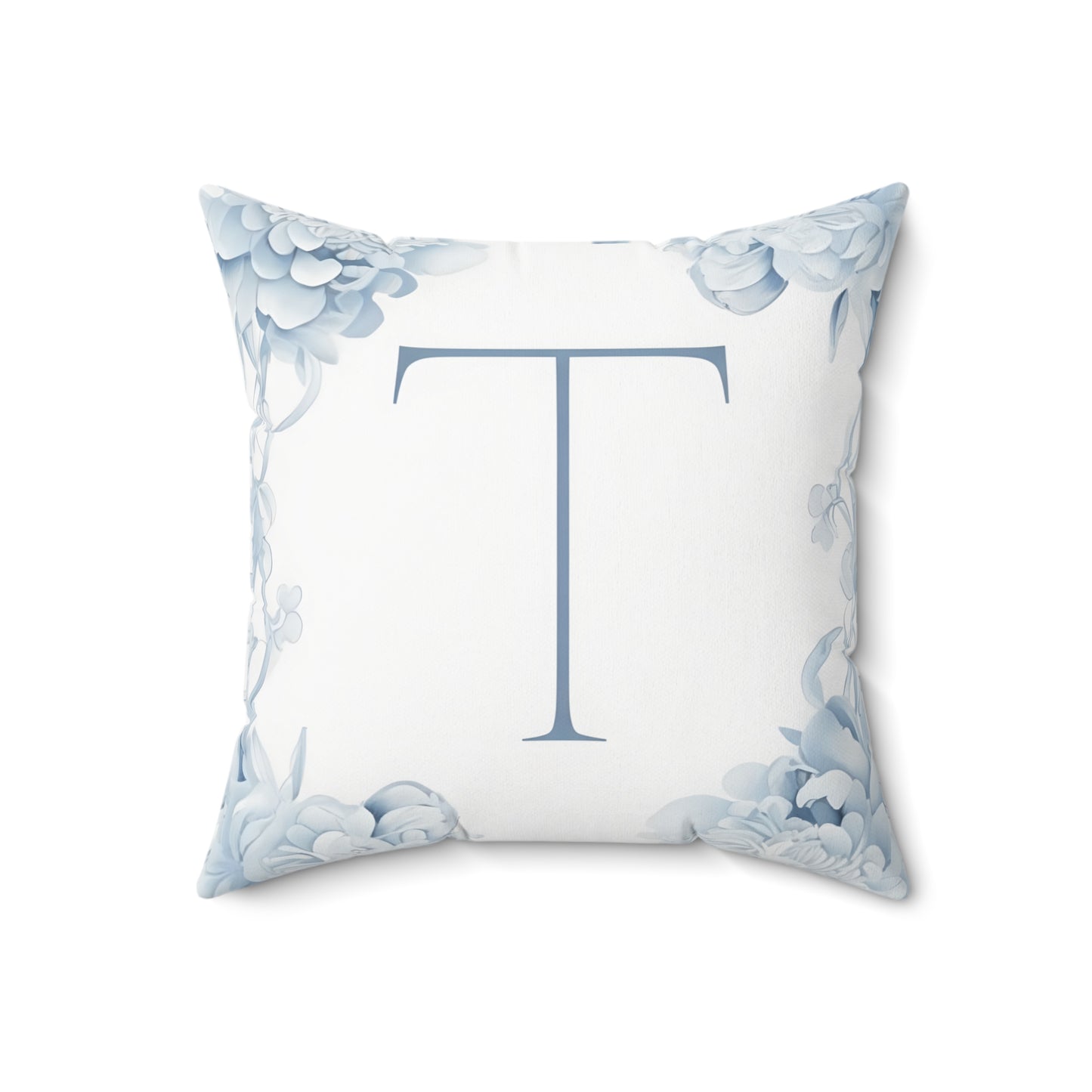 Monogram Pillow — Blue Floral Initial 'T' Decorative Throw Pillow