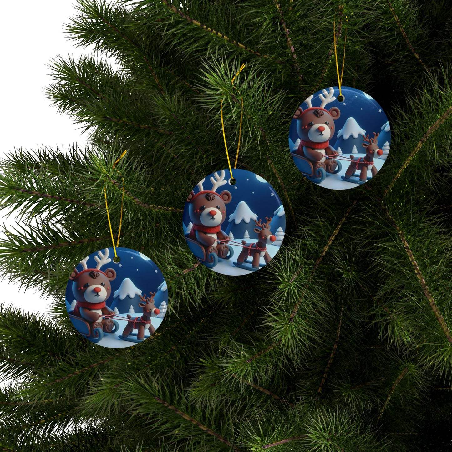 Festive Ceramic Ornaments, Holiday Decor, Christmas Gifts, 2-Sided Print, Cute Bear & Reindeer Design, Tree Decorations, Winter Wonderland