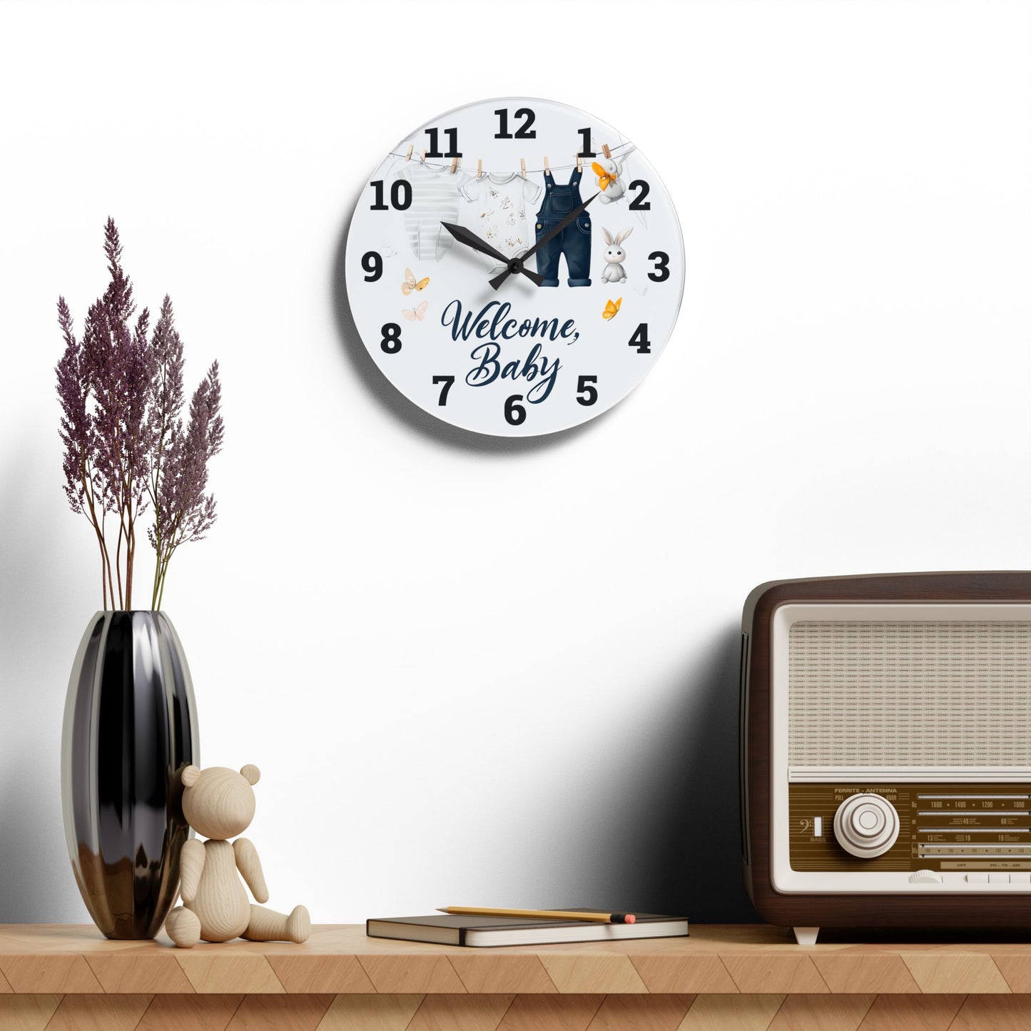 Cute Baby Welcome Acrylic Wall Clock, Nursery Decor, Baby Shower