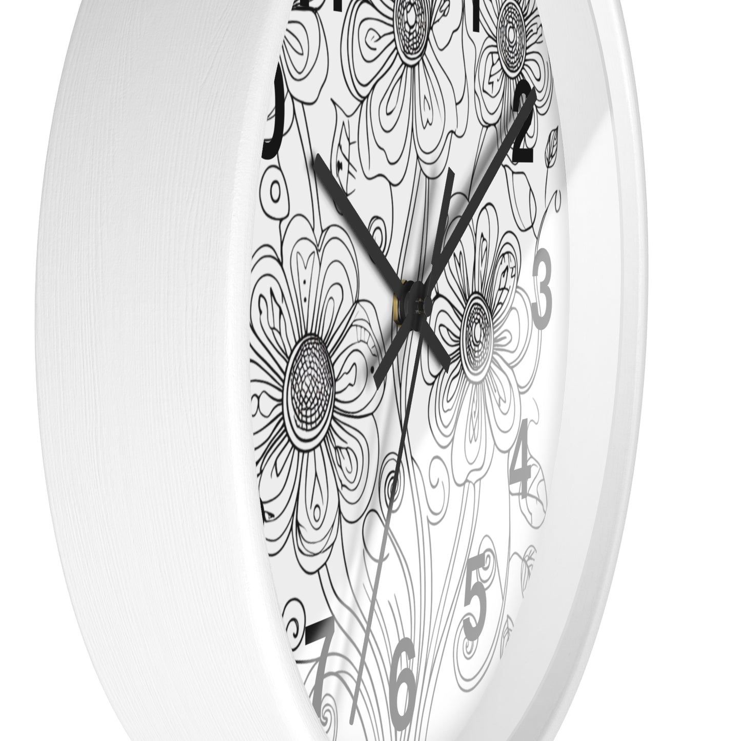 Floral Doodle Wall Clock — Black & White Hand-Drawn Flower Timepiece