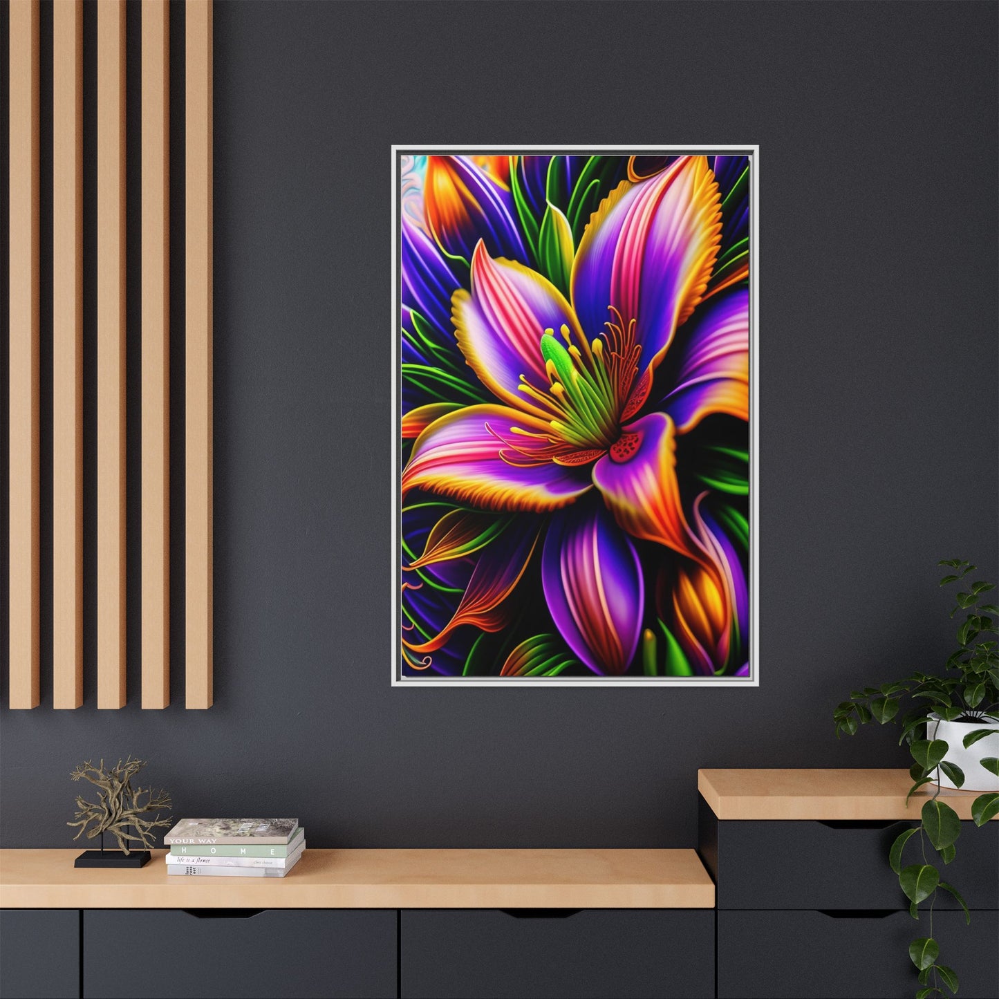 Vibrant Neon Floral Matte Canvas Print — Framed Wall Art