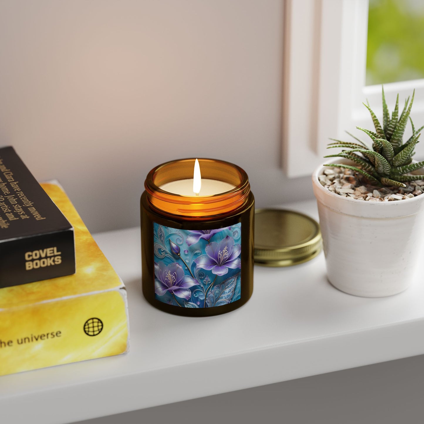 Scented Candle — Coconut Apricot Wax (4oz & 9oz) with Blue Floral Art