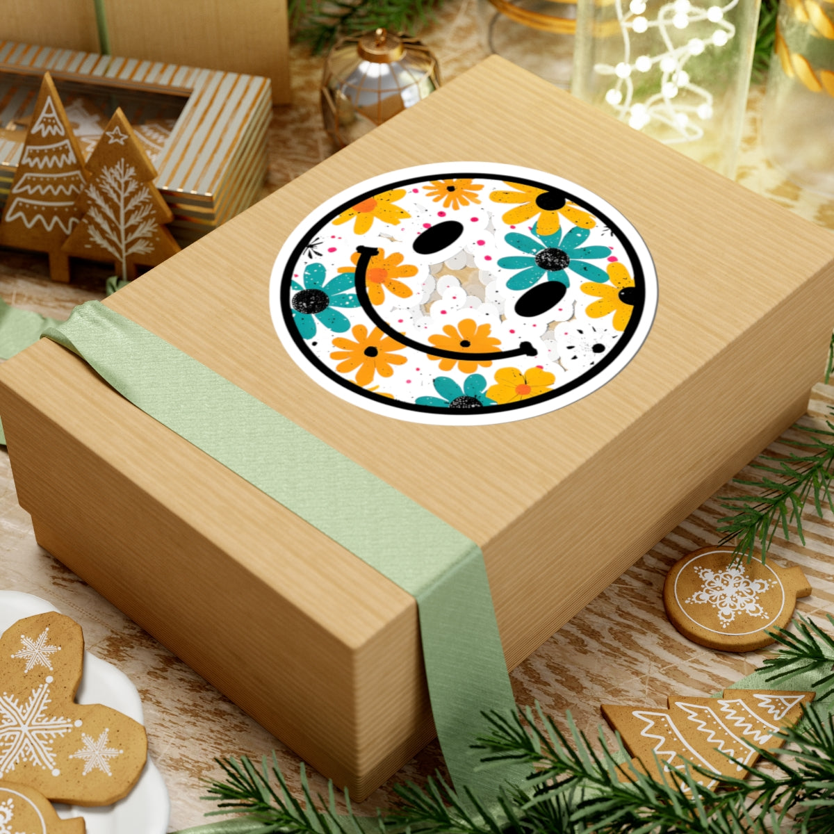 Floral Smiley Kiss-Cut Sticker — Colorful Daisy Happy Face Laptop Decal