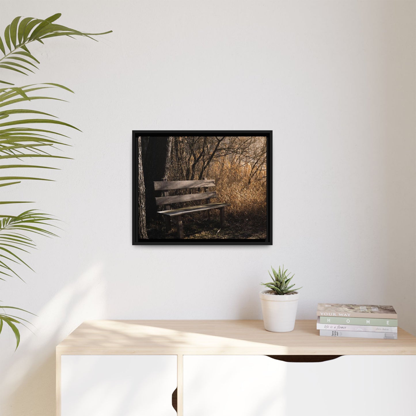 Framed Matte Canvas Print — Autumn Park Bench Photography