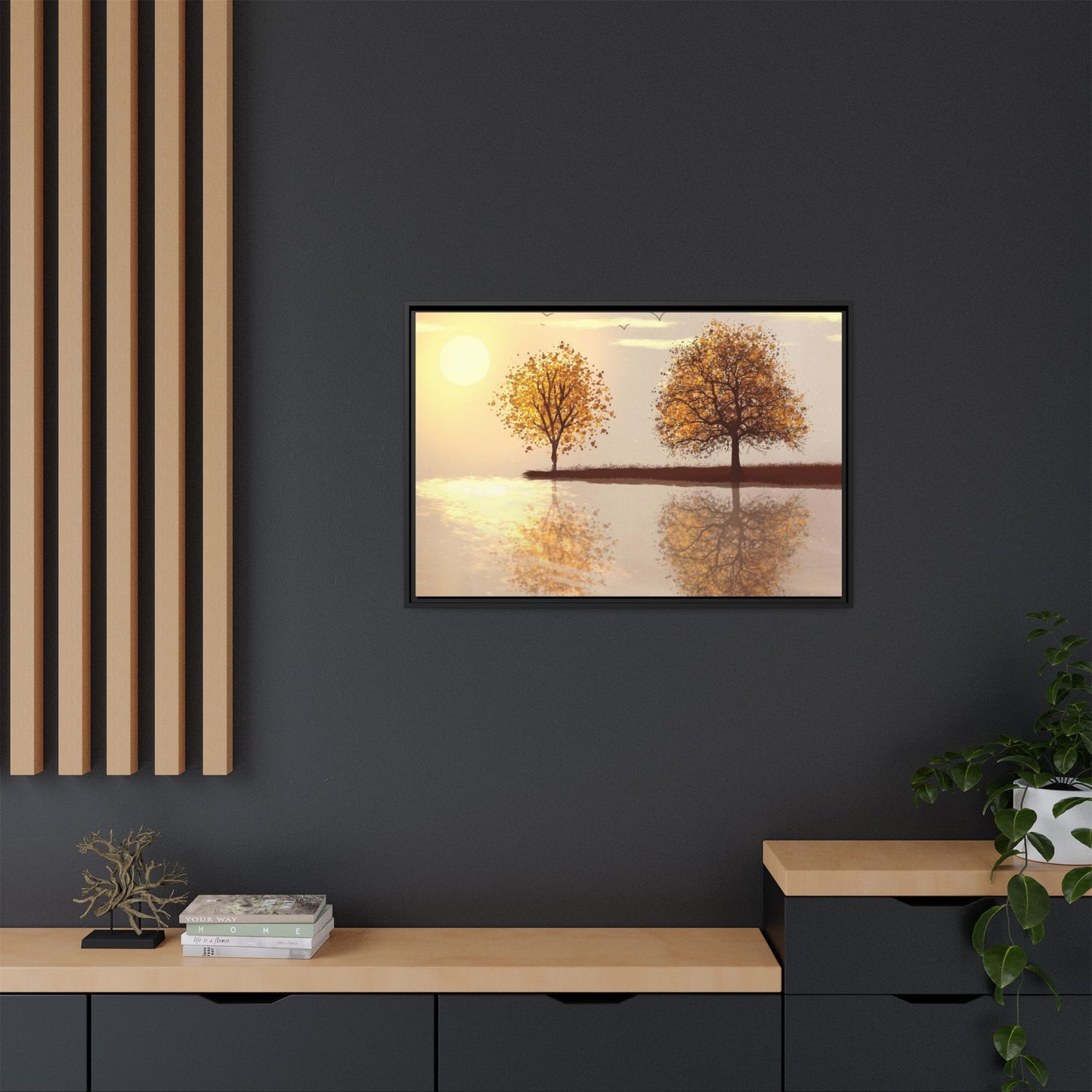 Framed Matte Canvas Wall Art — Golden Autumn Trees Reflection