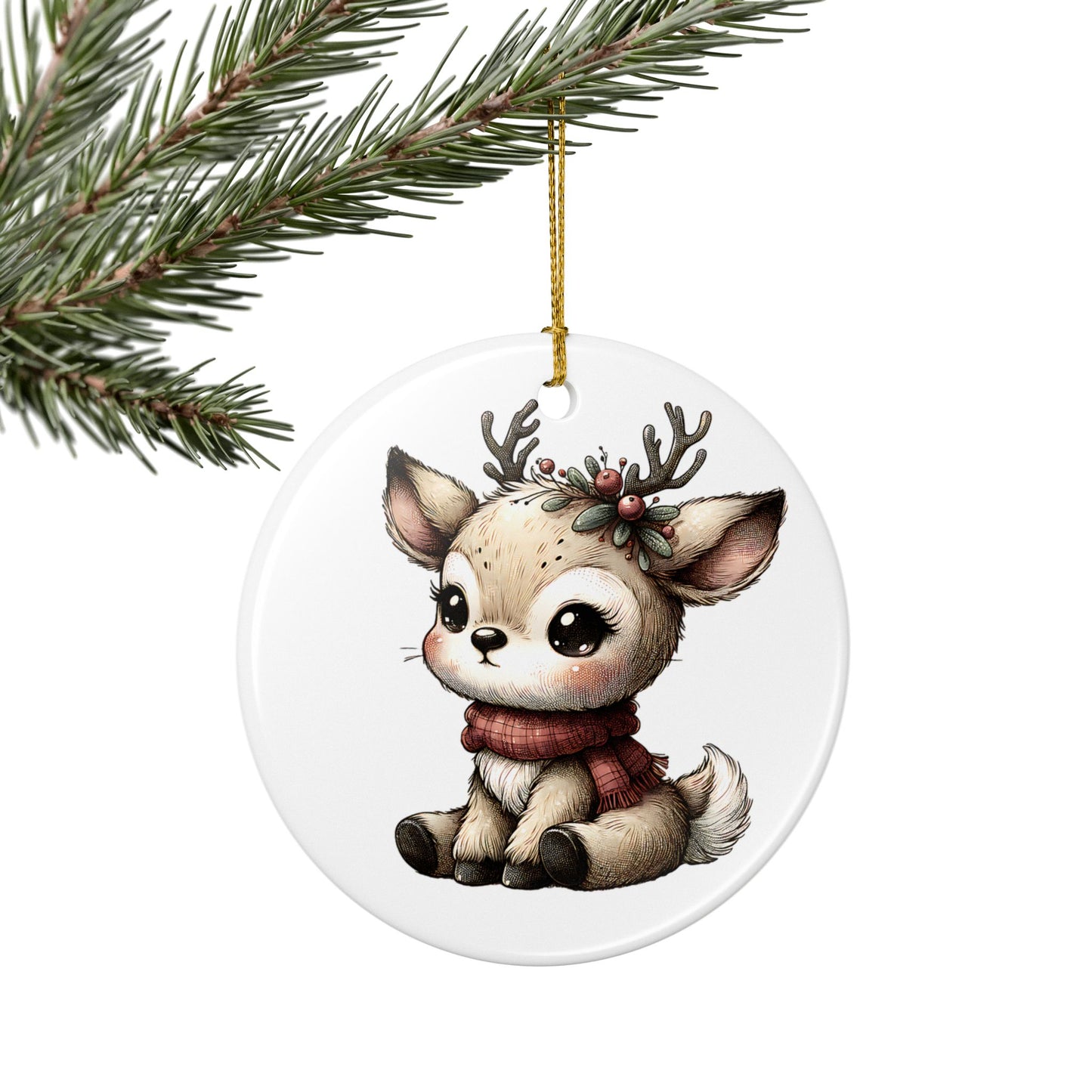Cute Baby Reindeer Ceramic Ornament – Two-Sided Holiday Tree Decoration