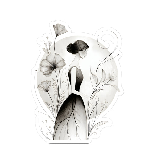 Elegant Floral Girl Kiss-Cut Sticker — Monochrome Botanical Laptop Decal
