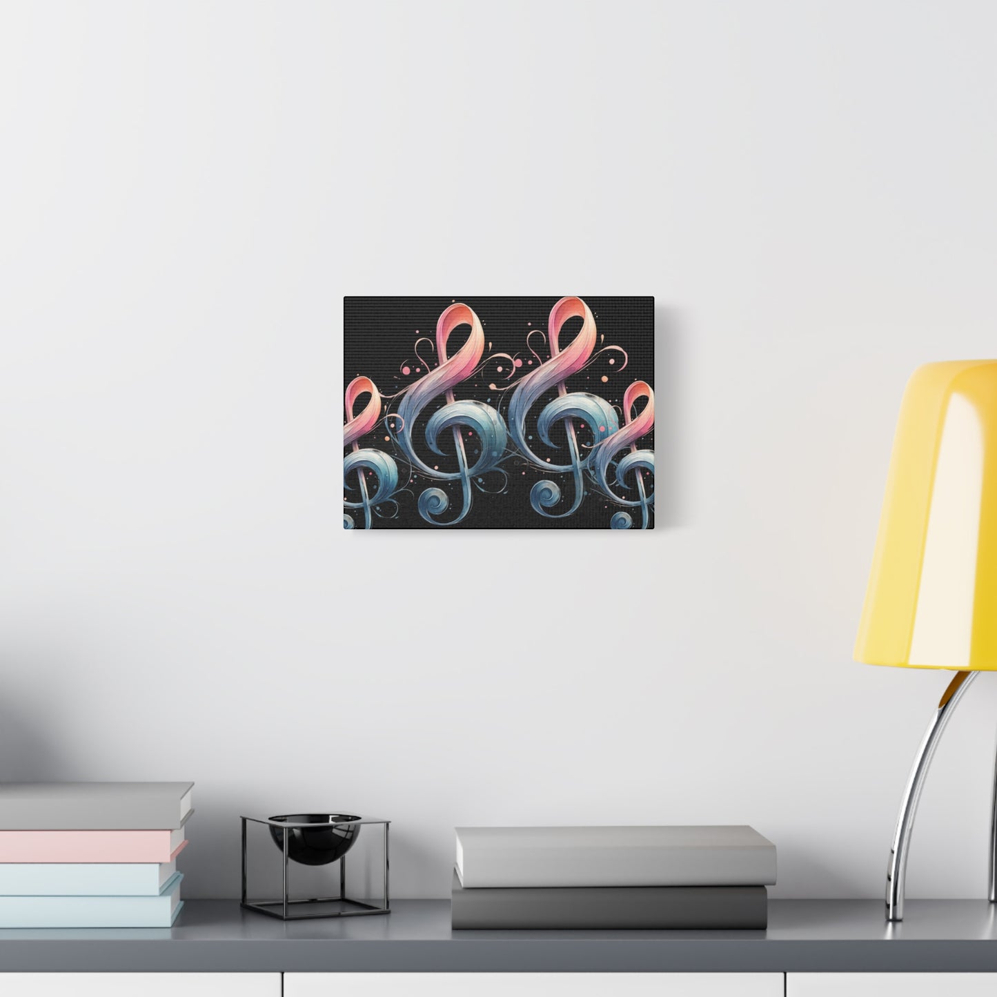 Musical Treble Clef Canvas Wall Art — Pastel Ribbon Notes on Black