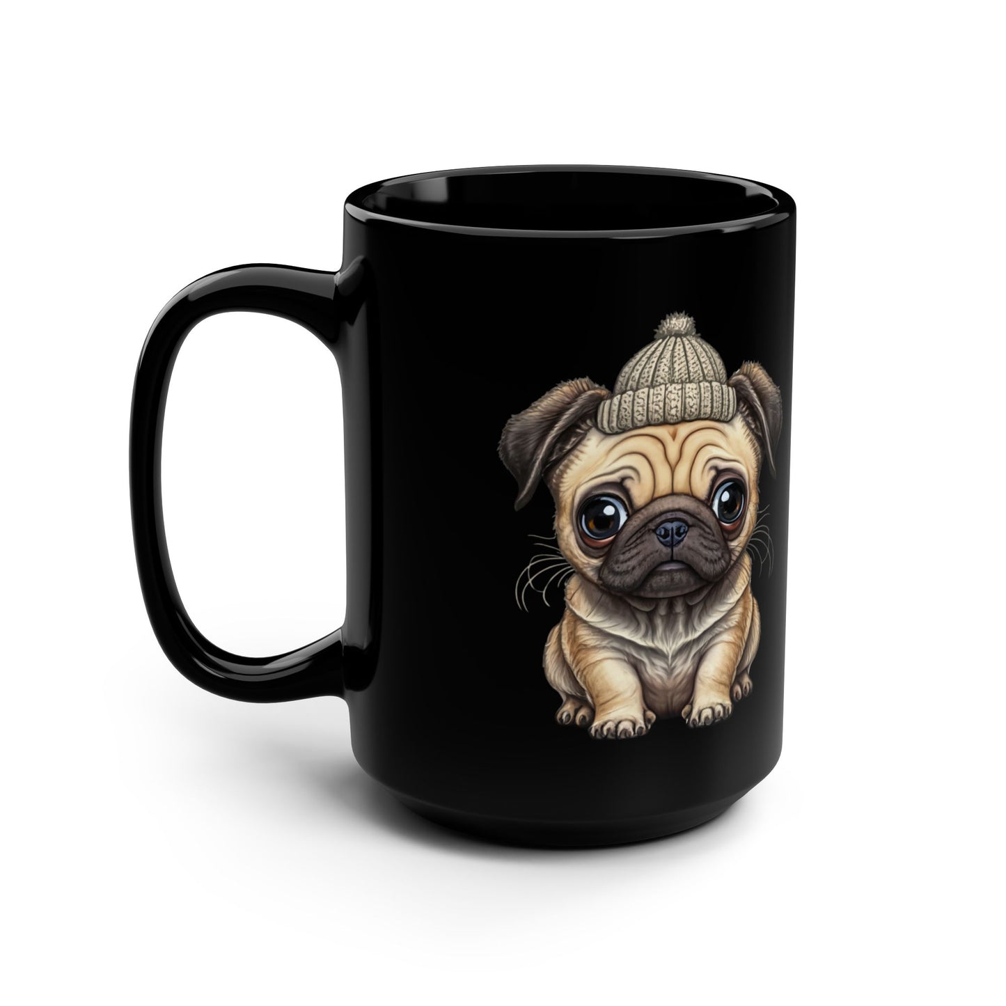 15oz Black Mug — Cute Pug Puppy with Beanie Coffee Mug