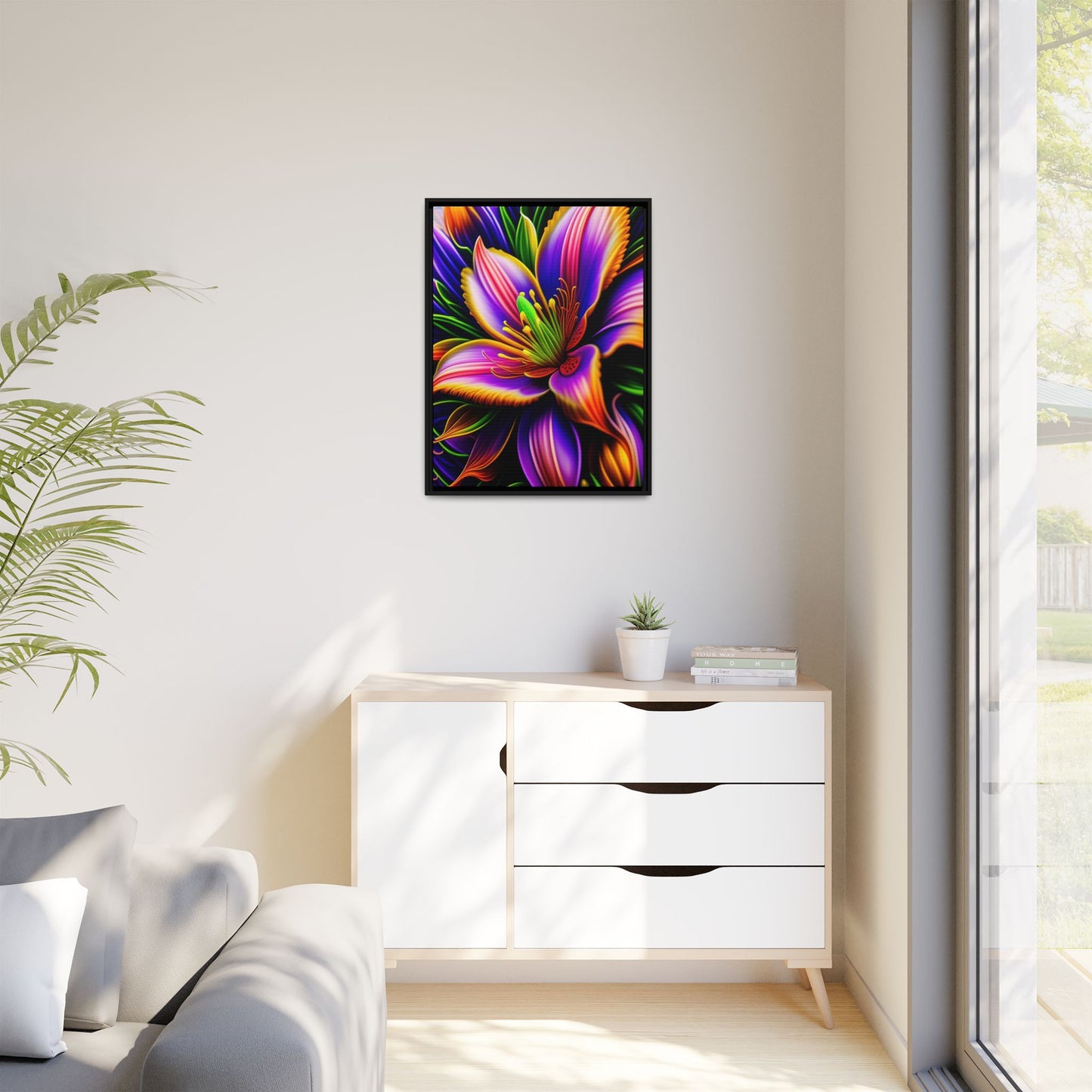 Vibrant Neon Floral Matte Canvas Print — Framed Wall Art